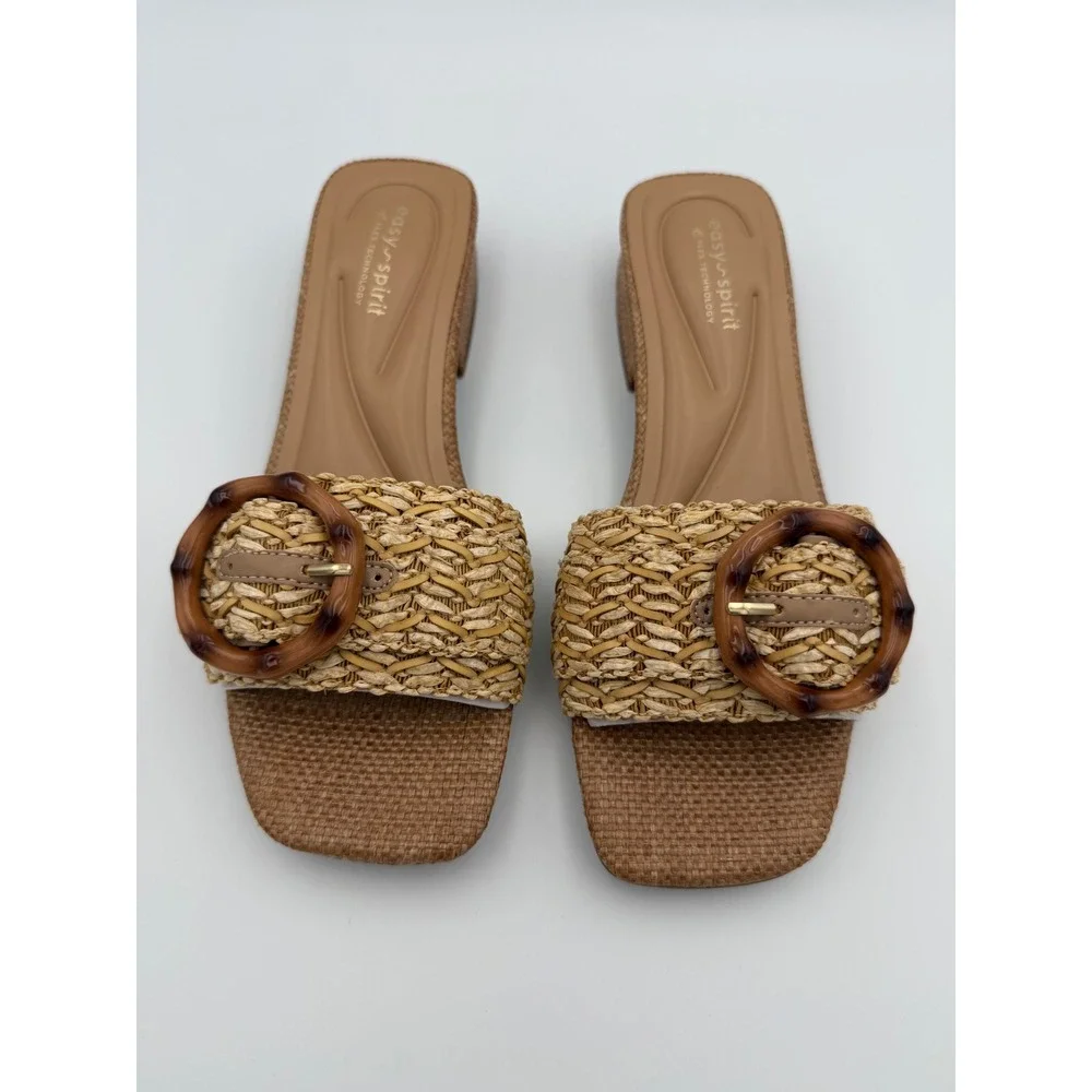 Easy Spirit Gatlin2 Sandals 7M Natural Woven Raffia Buckle Slide Low Heel NWT